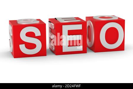 Red cubes with the word SEO isolated on white. Business concept. 3d rendering Stock Photo