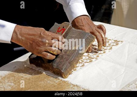 Block Printing On Fabric - Rajasthan, India.Block Printing Traditional Process,Jaipur - center of Traditional Handicrafts of India. Stock Photo