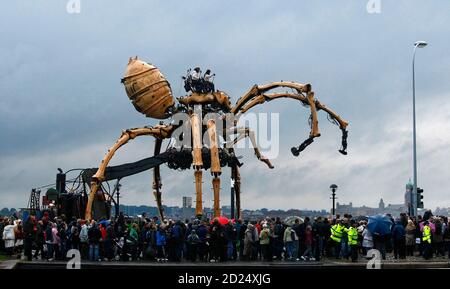 A giant mechanical spider, part of a piece of 'free theatre' by French company La Machine entitled 'Les Mecaniques Servants', walks along the waterfront in Liverpool, September 5, 2008. The 37 tonne spider which stands at 50 feet (15 metres) tall is in Liverpool as part of the city's European capital of culture celebrations. REUTERS/Phil Noble (BRITAIN)