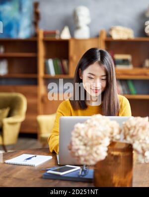 Asian woman working on laptop at home or in cafe. Young lady Stock Photo
