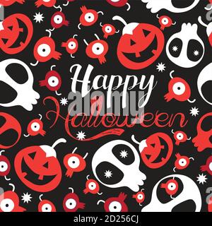 Seamless festive pattern of skulls and monster pumpkins on a dark background Stock Vector