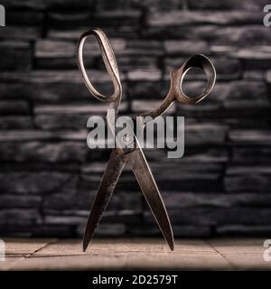 Rusty vintage pair of scissors balance on timber flooring against slate background Stock Photo
