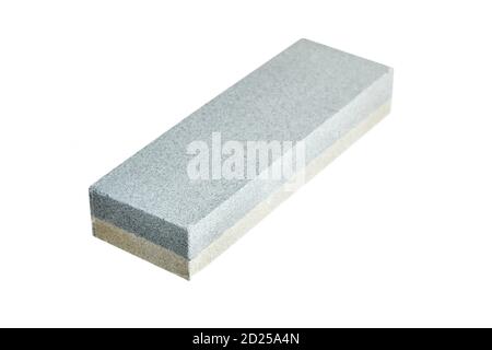 Rectangular double layer sharpening stone. Grindstone or whetstone sharpener, isolated on white background. Kitchen utensils Stock Photo