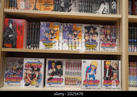 Various japanese cartoon books for sale in a bookshop. Anime, Mange. Various mangas on display for sale. Manga comic books. Japanese culture. Japan co Stock Photo