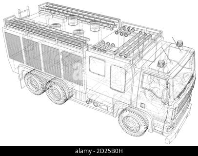 Fire Engine vector. Fire truck Wire-frame line isolated. Vector rendering of 3d Stock Vector