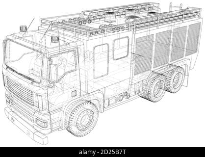 Fire truck. Fire Engine Vector illustration. Wire-frame line isolated. Vector rendering of 3d Stock Vector