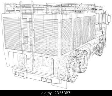 Fire Engine vector. Fire truck Wire-frame line isolated. Vector rendering of 3d Stock Vector