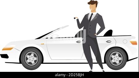 Businessman standing by car flat color vector faceless character. Smiling man holding keys to new cabriolet isolated cartoon illustration for web Stock Vector