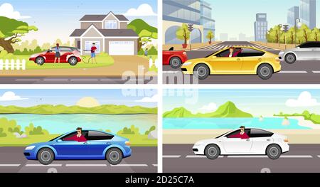 People with automobiles flat color vector illustrations set. Young adults driving cars 2D cartoon characters. Couple washing hatchback, cleaning Stock Vector