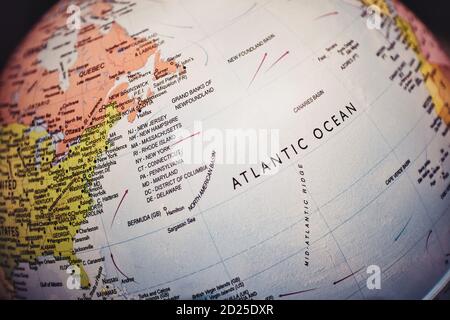 Atlantic Ocean on a world globe, showing the East coast of America and Western Europe Stock Photo