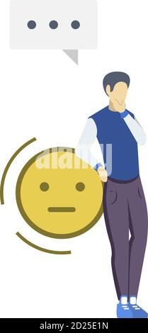 Uncertain man semi flat RGB color vector illustration. Neutral emoticon. Consumer feedback. Confused, doubting person. Quality evaluation. Emotional Stock Vector