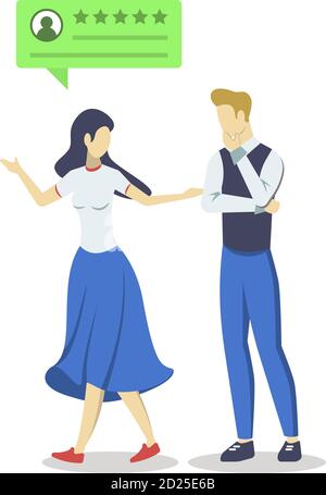 Couple with positive review bubble semi flat RGB color vector illustration. User experience. Consumer feedback. Client satisfaction. Quality Stock Vector