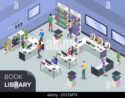 People at modern book library isometric color vector illustration. Bookstore shelves. Librarian at desk. University students reading, searching Stock Vector