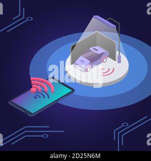 Car alarm system remote control isometric color vector illustration. Transport safety monitoring smartphone application. Vehicle smart security system Stock Vector