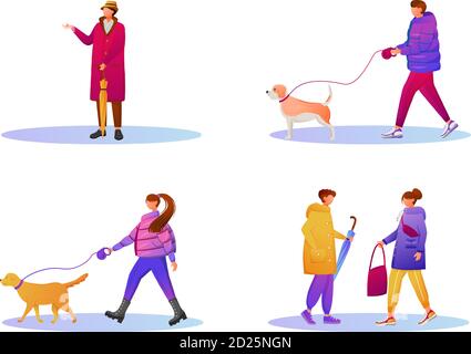 Walking people in gradient coats flat color vector faceless characters set. Rainy day. Wet weather. Caucasian humans. Men and women isolated cartoon Stock Vector