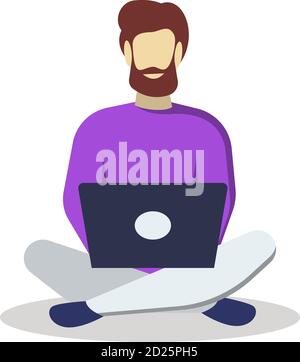 Man with laptop semi flat RGB color vector illustration. Freelancer sitting on floor. Bearded guy surfing Internet. Student studying from home. Remote Stock Vector