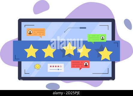 Online reviews semi flat RGB color vector illustration. Customer satisfaction. Consumer feedback. Star rating scale and comments. Quality evaluation Stock Vector