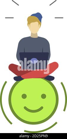 Satisfied user semi flat RGB color vector illustration. Positive emoticon. Happy man with laptop. Good mood. Quality evaluation. Feedback. Emotional Stock Vector