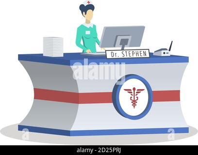 Receptionist at medical center semi flat RGB color vector illustration. Clinic lobby. Office manager. Faceless female administrator. Hospital employee Stock Vector