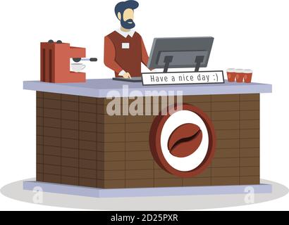 Coffee shop salesman semi flat RGB color vector illustration. Barista, waiter at counter. Man working in cafe. Cafeteria with coffee machine. Isolated Stock Vector