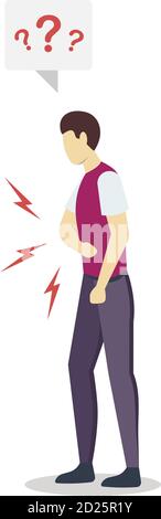 Man having stomach ache semi flat RGB color vector illustration. Angry, irritated, confused person. Guy feeling bad. Health problem. Illness. Food Stock Vector