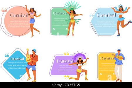 Carnival flat color vector characters quotes set. Masquerade costumes. Traditional music. Samba. Brazilian festival. Citation blank frame templates Stock Vector
