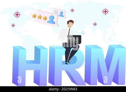 Human resource management flat concept vector illustration. Businessman sitting on word 2D cartoon character for web design. World map. High rating Stock Vector