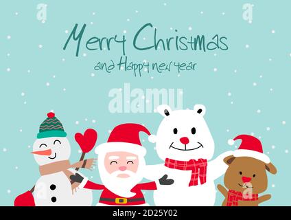 Santa snowman polar bear and puppy, festival of happiness of everybody,vector illustration Stock Vector