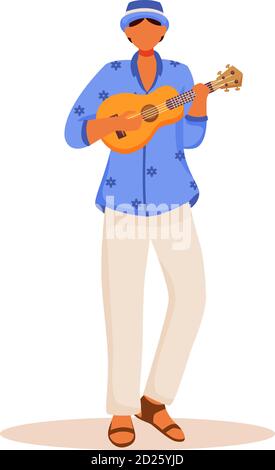 Latino man in blue shirt and pants flat color vector faceless character. Brazil carnival. Standing male playing on ukulele isolated cartoon Stock Vector