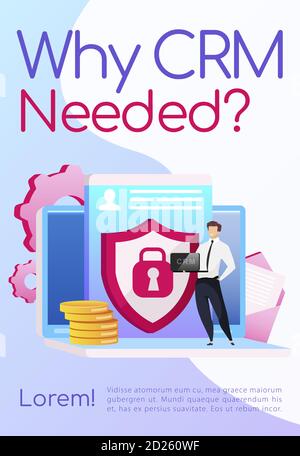 Why CRM neded poster flat vector template. Smiling man standing on laptop. Customer info collection. Brochure, booklet one page concept design with Stock Vector