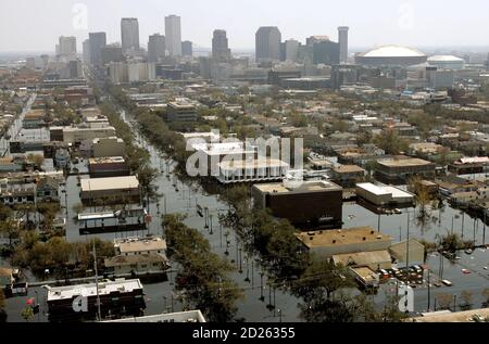The flooded streets of New Orleans are seen in this aerial view, in the aftermath of Hurricane Katrina in New Orleans, Louisiana September 4, 2005. Residents continue to be rescued from their homes and streets of the flood ravaged city. REUTERS/Robert Galbraith  RG/DH