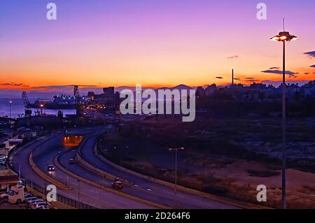 Evening in the passenger port of Piraeus, Athens (sunset) Stock Photo