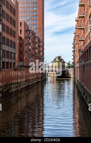 The iconic Speicherstadt (City of Warehouses) in Hamburg, Germany. Located within the HafenCity quarter. Built from 1883 to 1927. Stock Photo