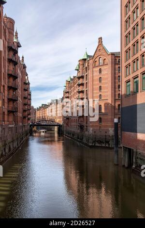 The iconic Speicherstadt (City of Warehouses) in Hamburg, Germany. Located within the HafenCity quarter. Built from 1883 to 1927. Stock Photo