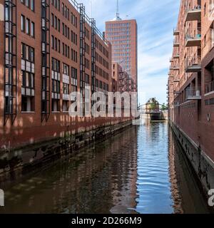 The iconic Speicherstadt (City of Warehouses) in Hamburg, Germany. Located within the HafenCity quarter. Built from 1883 to 1927. Stock Photo