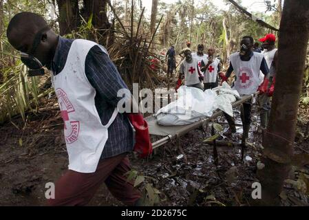Cameroonian Red Cross workers remove human remains from the scene of a Kenya Airways plane crash in a swampy area close to the village of Mbanga Pongo, near the city of Douala, May 8, 2007.  REUTERS/Emmanuel Braun (CAMEROON)