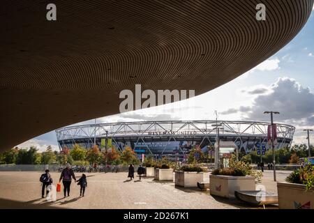London, Stratford. The London Stadium - the West Ham United football stadium - and the London Aquatics Centre, in the Queen Elizabeth Olympic park