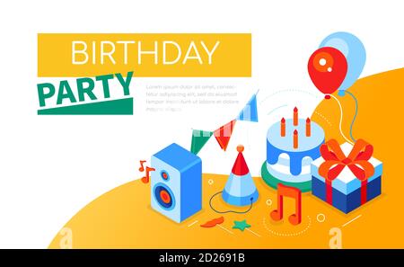 Birthday party - modern colorful isometric web banner Stock Vector