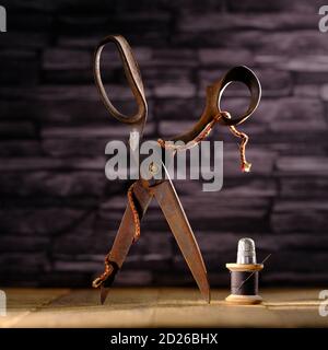Rusty vintage pair of scissors balanced on timber flooring with black cotton reel thread needle and silver thimble against slate background Stock Photo