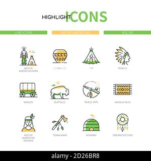 Native Americans - modern line design style icons set Stock Vector