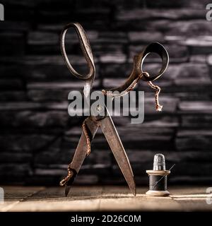 Rusty vintage pair of scissors balanced on timber flooring with black cotton reel thread needle and silver thimble against slate background Stock Photo