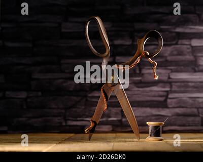 Rusty vintage pair of scissors balanced on timber flooring with black cotton reel thread needle and silver thimble against slate background Stock Photo