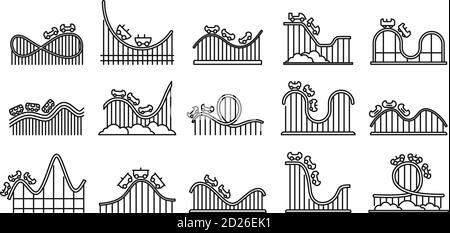 Roller coaster amusement icons set. Outline set of roller coaster amusement vector icons for web design isolated on white background Stock Vector