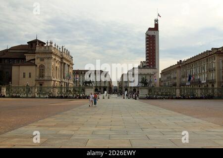 Turin, Italy - september 2020: panoramic view of Castello Square and Rome street from the courtyard of the royal palace Stock Photo