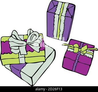 Vector still life with colorful gift boxes isolated on white background. Gitfs concept for New Year. Stock Vector