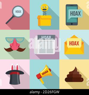 Hoax icons set. Flat set of hoax vector icons for web design Stock Vector