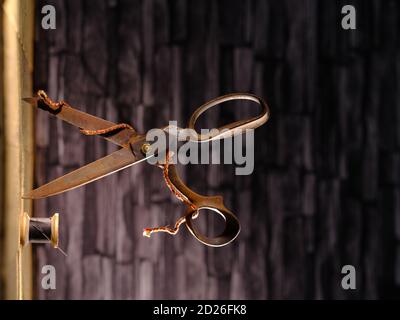 Rusty vintage pair of scissors balanced on timber flooring with black cotton reel thread needle and silver thimble against slate background Stock Photo
