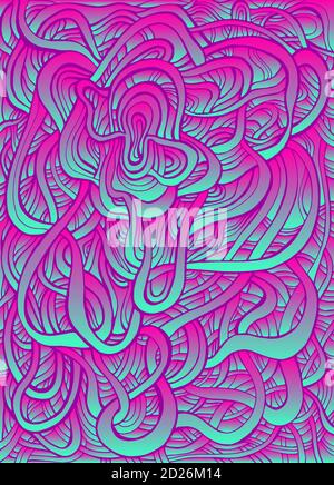 Vintage bright psychedelic crazy abstract swirl line art, neon gradient blue pink color. Stock Vector