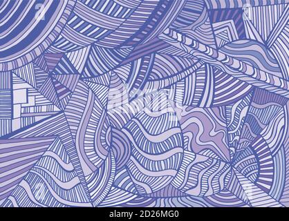 Monochrome abstract geometric shapes from triangles, ellipses with many patterns, dark blue outline, ash purple gray color ornament Stock Vector