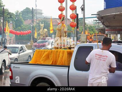 Phuket Town / Thailand - October 7, 2019: Phuket Vegetarian Festival or Nine Emperor Gods Festival street procession, parade with Taoist Statue Stock Photo